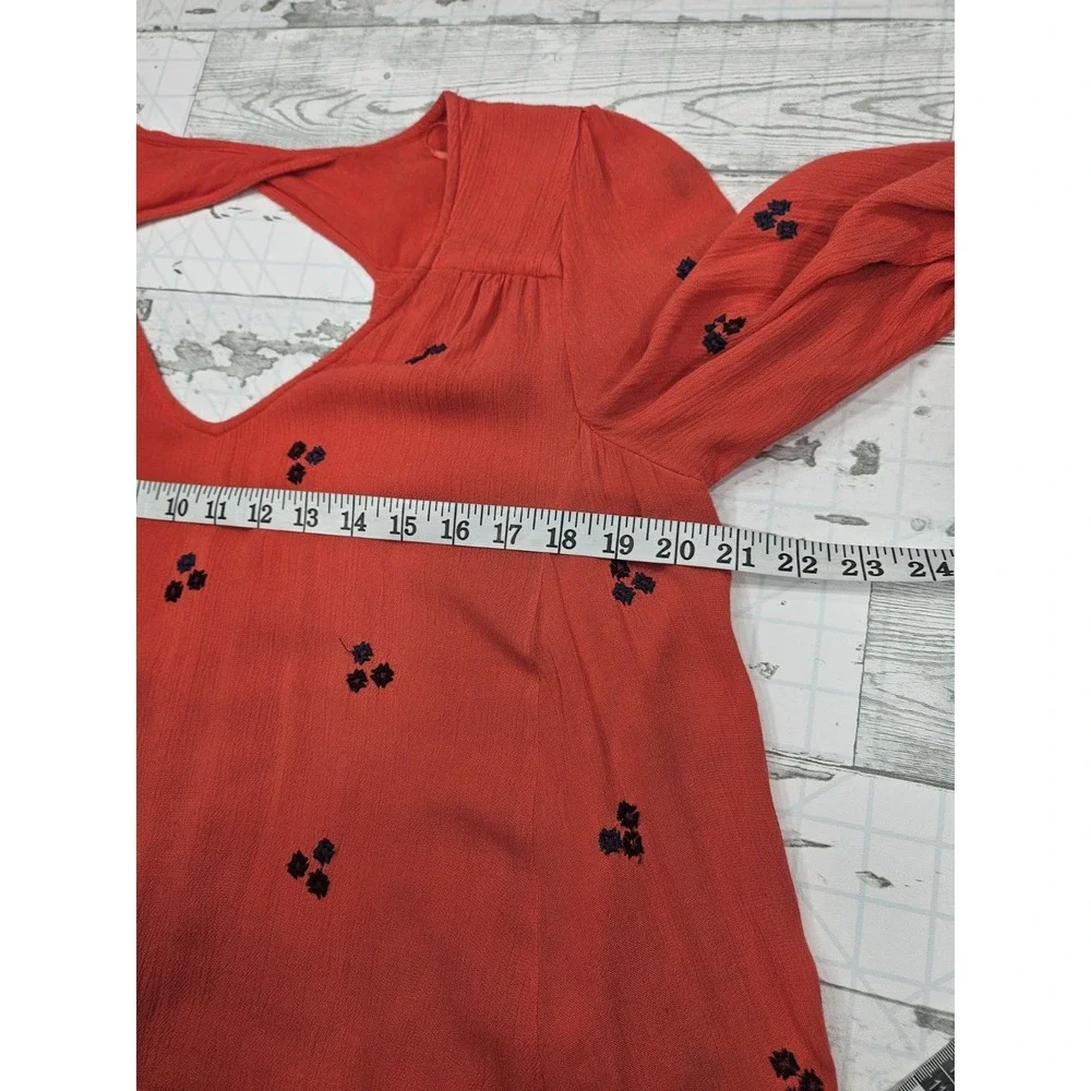 Free People Womens Xsmall Oxford Red Embroidered Floral Mini Dress